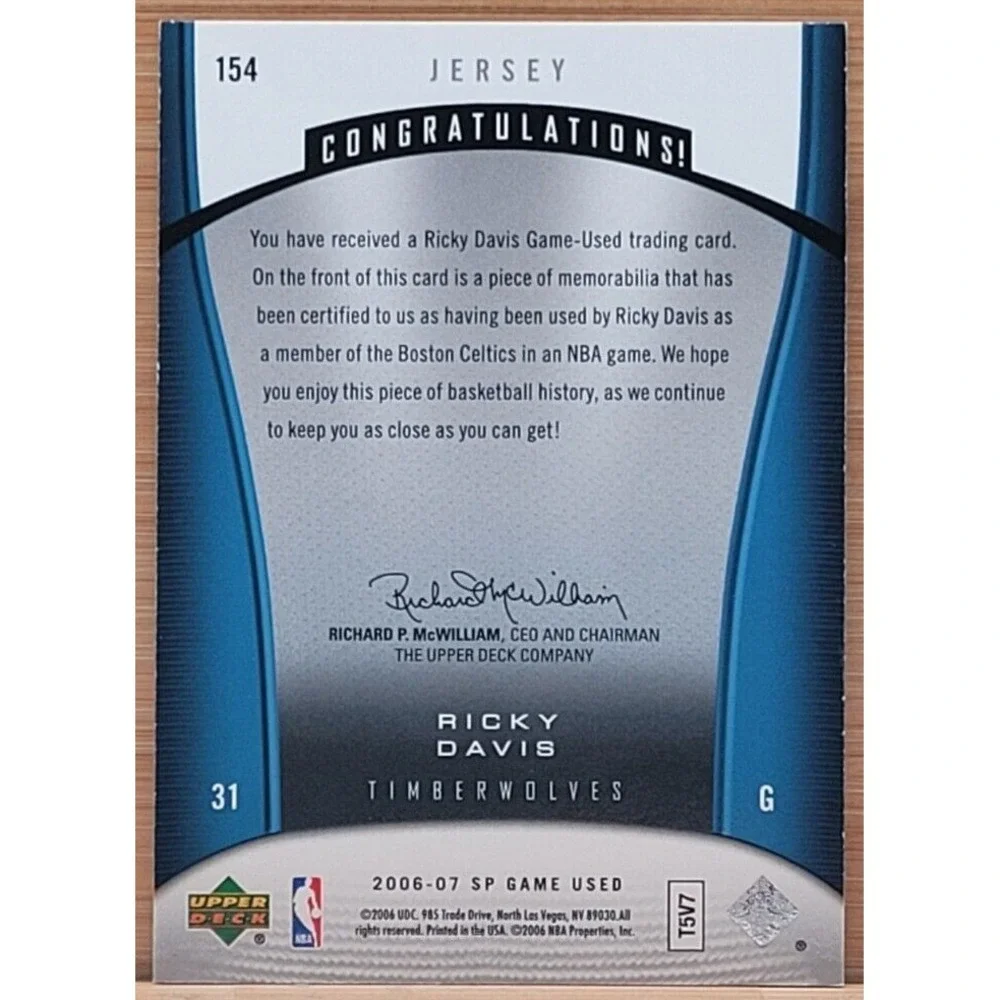 2006-07 SP GAME USED RICKY DAVIS GAME USED JERSEY‎ TIMBERWOLVES